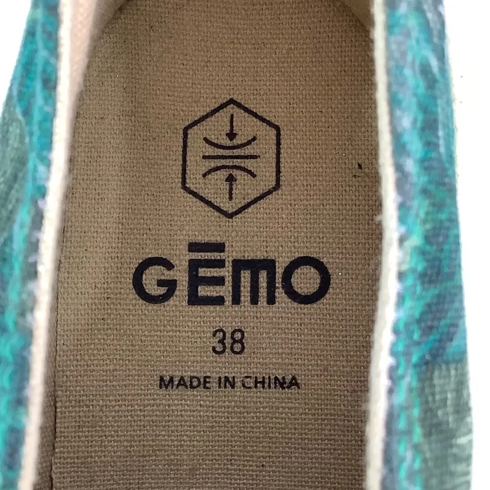 GEMO Round Toe Lace Tie Platform  Green/Leafs Print Espadrilles Sz 38/US 7.5